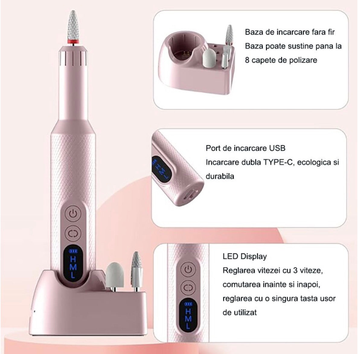 Freză Unghii Profesională Wireless, Roz
